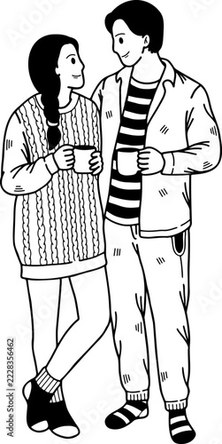 black and white illustration of A couple a man and a woman drinking coffee and embracing each other