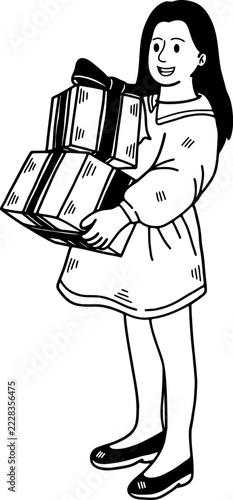 black and white illustration of A girl in a dress is holding a gift box
