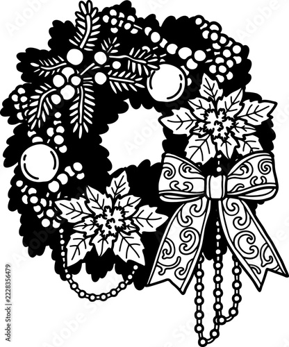 black and white illustration of A Christmas wreath