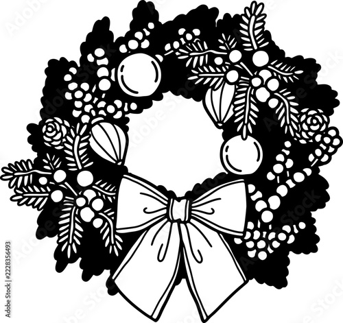 black and white illustration of A Christmas wreath filled with decorations