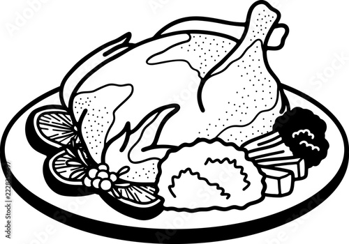 black and white illustration of A roasted turkey for Thanksgiving