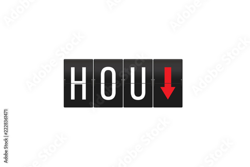 HOU airport code and a red down arrow displaying on a retro split-flap board, symbolizing arrivals or a flight landing at a travel destination, presented on a transparent background