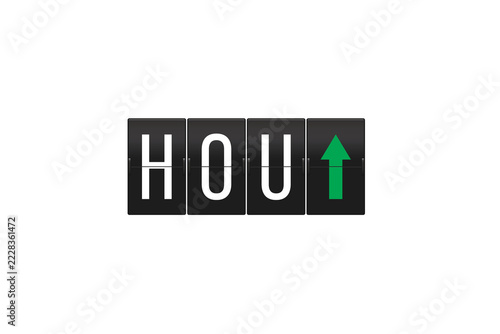 HOU airport code with an upward green arrow on a mechanical split-flap display, representing a departure or travel destination from Houston, Texas, USA, presented on a transparent background