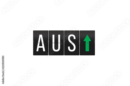 Airport departure flip board showing AUS with a green upward arrow, symbolizing departure, travel direction and movement; transparent background for easy compositing