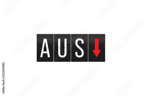 AUS airport code on a mechanical flip clock flight information display board showing a red downward arrow, indicating an arrival or landing, isolated on transparent background