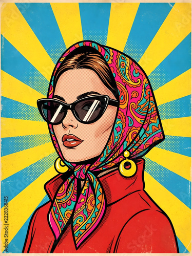 Woman wearing stylish cat-eye sunglasses and a colorful paisley headscarf is portrayed in a vintage pop art comic book illustration style.