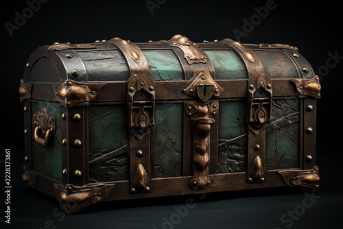 Antique wooden treasure chest with metal decorations, evoking mystery and adventure, on a black background