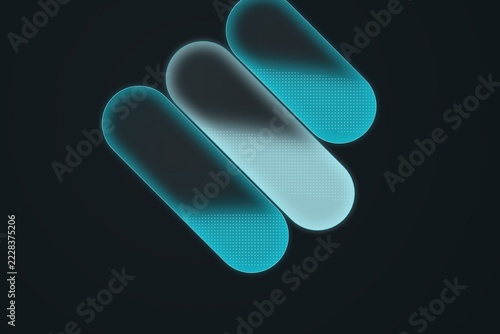 Three diagonal, rounded rectangular shapes with cyan glow and halftone dot patterns, arranged in a parallel formation on a dark background