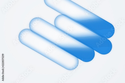 Three diagonal blue pill-shaped with a halftone dot gradient pattern, arranged in a parallel layered composition on white