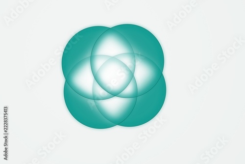 Teal circular shapes overlapping to create a central four-petaled flower pattern on a white background