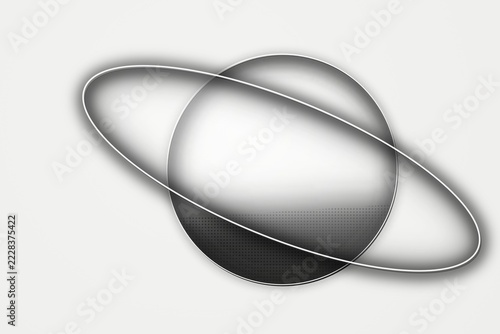 Monochrome of a planet with a surrounding ring, featuring a subtle halftone dot pattern on a light gray background