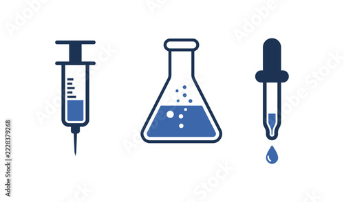 medical and laboratory icons featuring syringe, Erlenmeyer flask, and pipette vector illustration.eps