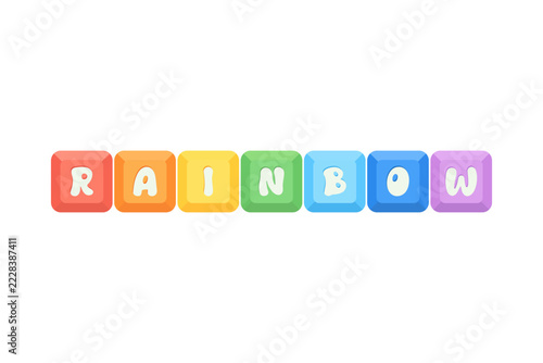 Colorful computer keyboard keys spelling RAINBOW, featuring bright rainbow colors and rounded square keycaps. Cute flat vector illustration representing typing, gaming, computer technology and colorfu