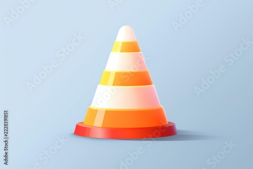 Traffic cone standing on a light blue background, showing warning and safety