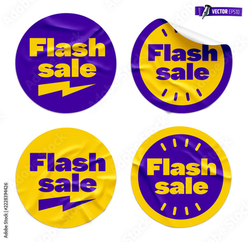 Vector realistic illustration of promotional round stickers on a white background.
