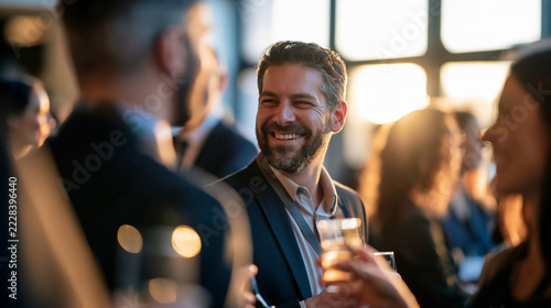 Business people networking talking and having fun at a corporate event cropped at the chest laughing with drinks in hand hall with large windows in soft focus cheerful mood business