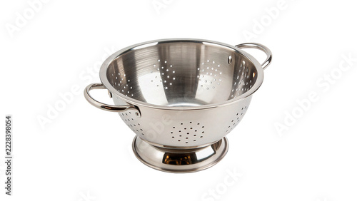 Fotografie Stainless steel metallic colander kitchen strainer sifter cooking culinary utensil, isolated on transparent background