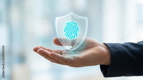 Businessman holding open hand with floating transparent digital security shield and glowing blue fingerprint icon representing cybersecurity data privacy and secure authentication