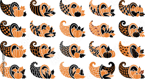 Diverse series of horn of plenty graphic symbols for thanksgiving and fall harvest festivals with artistic