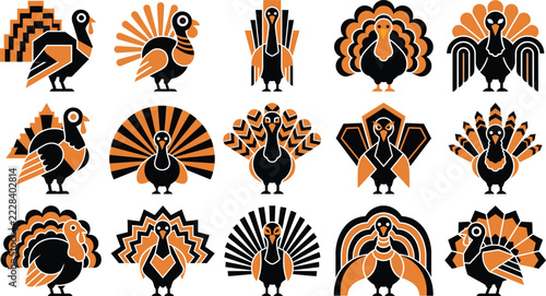 Set of stylized turkey icons with geometric shapes for autumn harvest festival thanksgiving wildlife