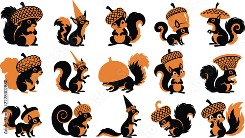 Cute cartoon squirrel character collection with acorn hats for fall theme white background forest life