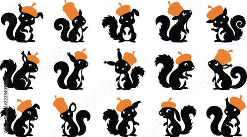 Graphic black and orange squirrel character icons with acorn accessories white background forest life