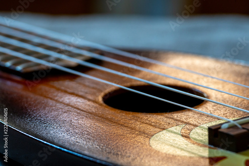Obraz na plátně Close Up of Ukulele Strings and Sound Hole on Wooden Body