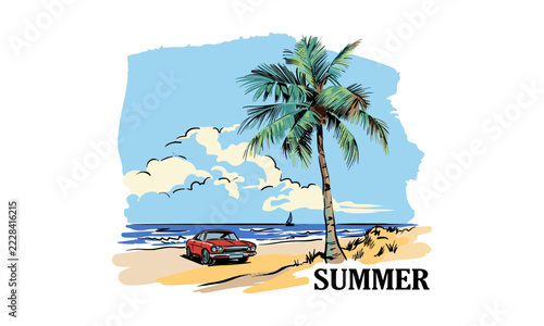 Vintage illustration of a red car on a tropical beach with a palm tree and ocean waves
