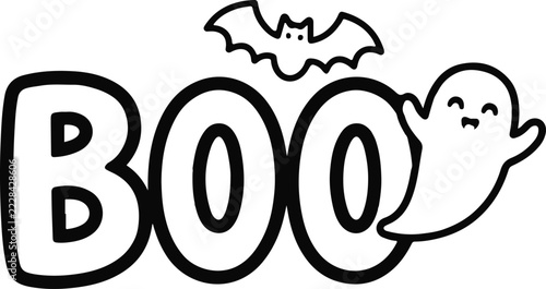 Obraz na plátně Fun halloween cartoon text boo with ghost and bat graphics