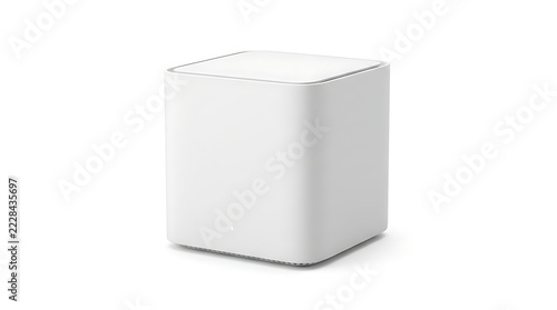 Modern Cube Router: A sleek, minimalist white cube-shaped router, symbolizing connectivity and advanced technology in a clean, studio-like setting.