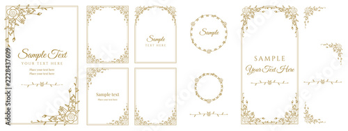 Floral gold frames with rose corners, leafy vines and botanical wreaths. Romantic wedding invitation templates, ornate flower borders and branch dividers with sample text. Vector set