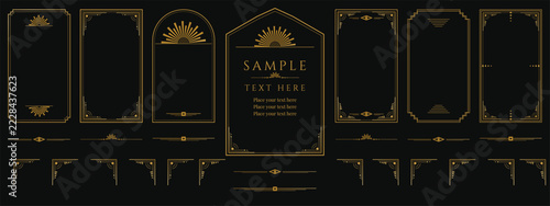 Art deco gold frames on black. Geometric 1920s borders with sunburst arches, stepped corners, ornate dividers and corner elements for gatsby style invitation, menu and poster templates