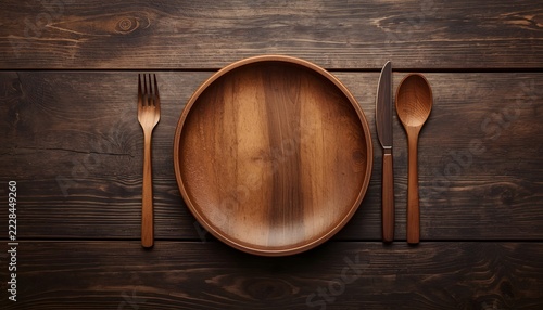 Top-down flat lay view of a rustic wooden dinner setting on a dark brown wooden plank table. In the center is a round, empty wooden bowl with a smooth, polished texture and visible wood grain