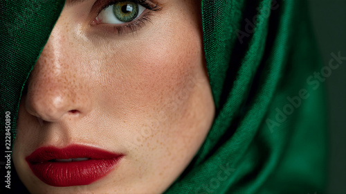 Close-up beauty portrait of woman with green headscarf and red lips