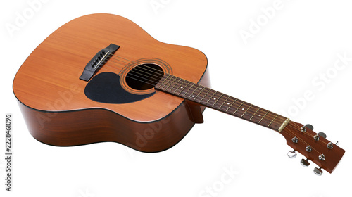 Natural wood acoustic guitar with black pickguard and steel strings