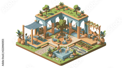 Isometric Spa Retreat with Relaxation Pools and Social Lounges