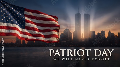 Patriot day memorial background with the american flag and the twin towers silhouette at sunset