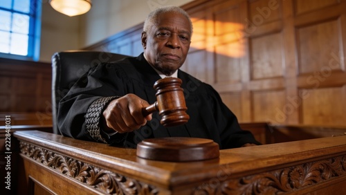 Raising wooden gavel, senior judge presiding in courtroom, wearing black robe on carved bench