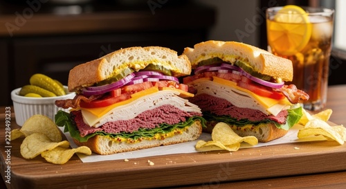 Double decker deli sandwich with ham cheese and pickles.