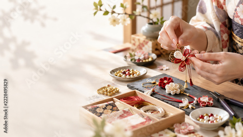 赤と金の水引風花飾りを手作りする和風アクセサリー制作体験・伝統美を楽しむクラフト講座の広告背景