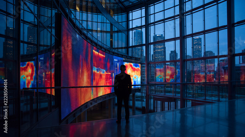 Data Visualization Hub: A lone silhouette stands before a grand, curved display showcasing vibrant, abstract data visualizations.