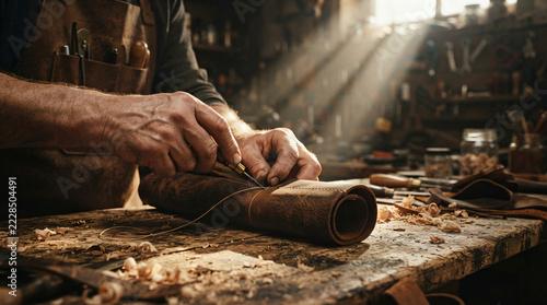 Artisan Hands Sewing Brown Leather Material Wooden Workbench Workshop