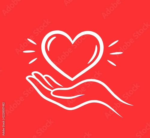Heart in hand line art design elements, illustration on red, isolated icon.