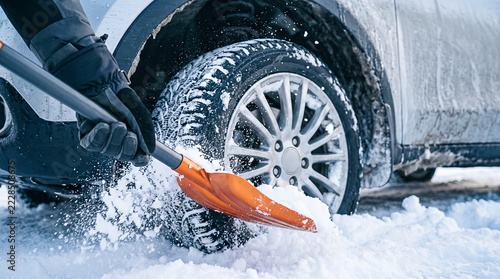 Close-up of hand in glove shoveling snow near stuck car wheel on winter road. Concept of car rescue, snow removal, emergency situation, and severe winter weather conditions