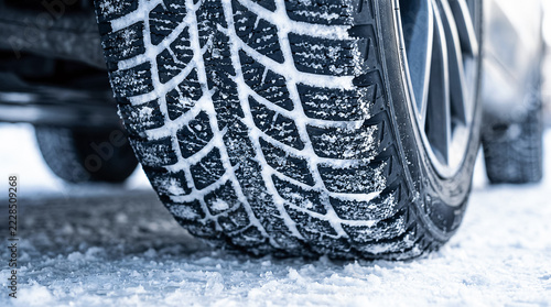 Close-up of winter car tire tread covered in snow on icy road. Concept of winter driving safety, vehicle maintenance, and seasonal equipment