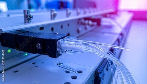 Fiber optic cable connector plugged into a high speed network server panel with glowing blue light