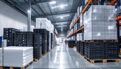Modern industrial warehouse interior with tall metal shelving units and organized stacks of plastic crates and pallets.