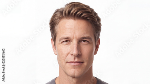 Skin rejuvenation split portrait of a fair-haired man contrasts facial wrinkles with youthful skin, illustrating longevity and skin regeneration concepts for skincare and wellness campaigns