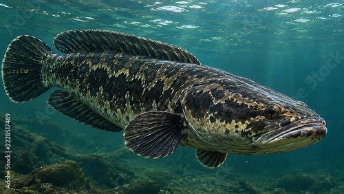Northern Snakehead Fish Swimming Underwater in Freshwater Habitat