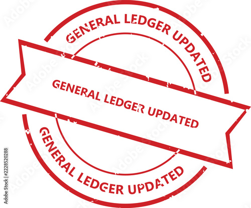 Red rubber stamp with the text general ledger updated, featuring a circular frame and a central banner, isolated on a white background